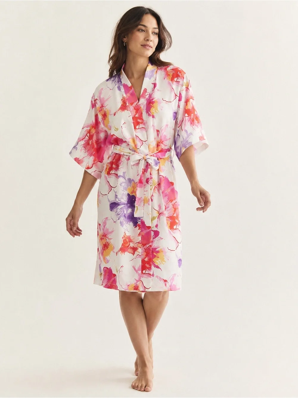 Natori Floral Chemise Robe Set Watercolor Matching Belt S